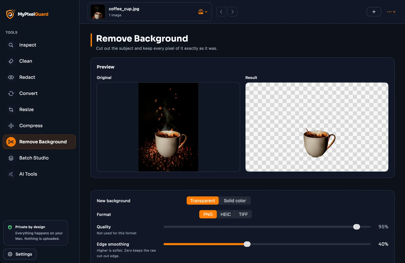 The Remove Background tool showing a coffee mug before and after, on a transparency checkerboard