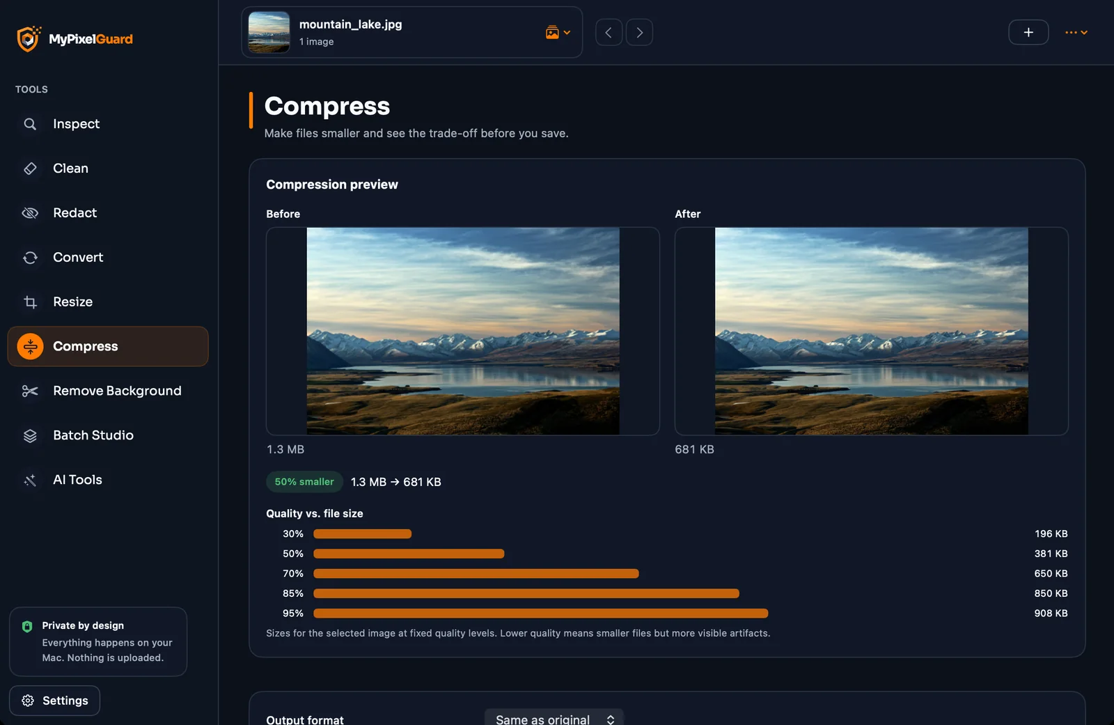 The Compress tool with a quality slider and before and after sizes
