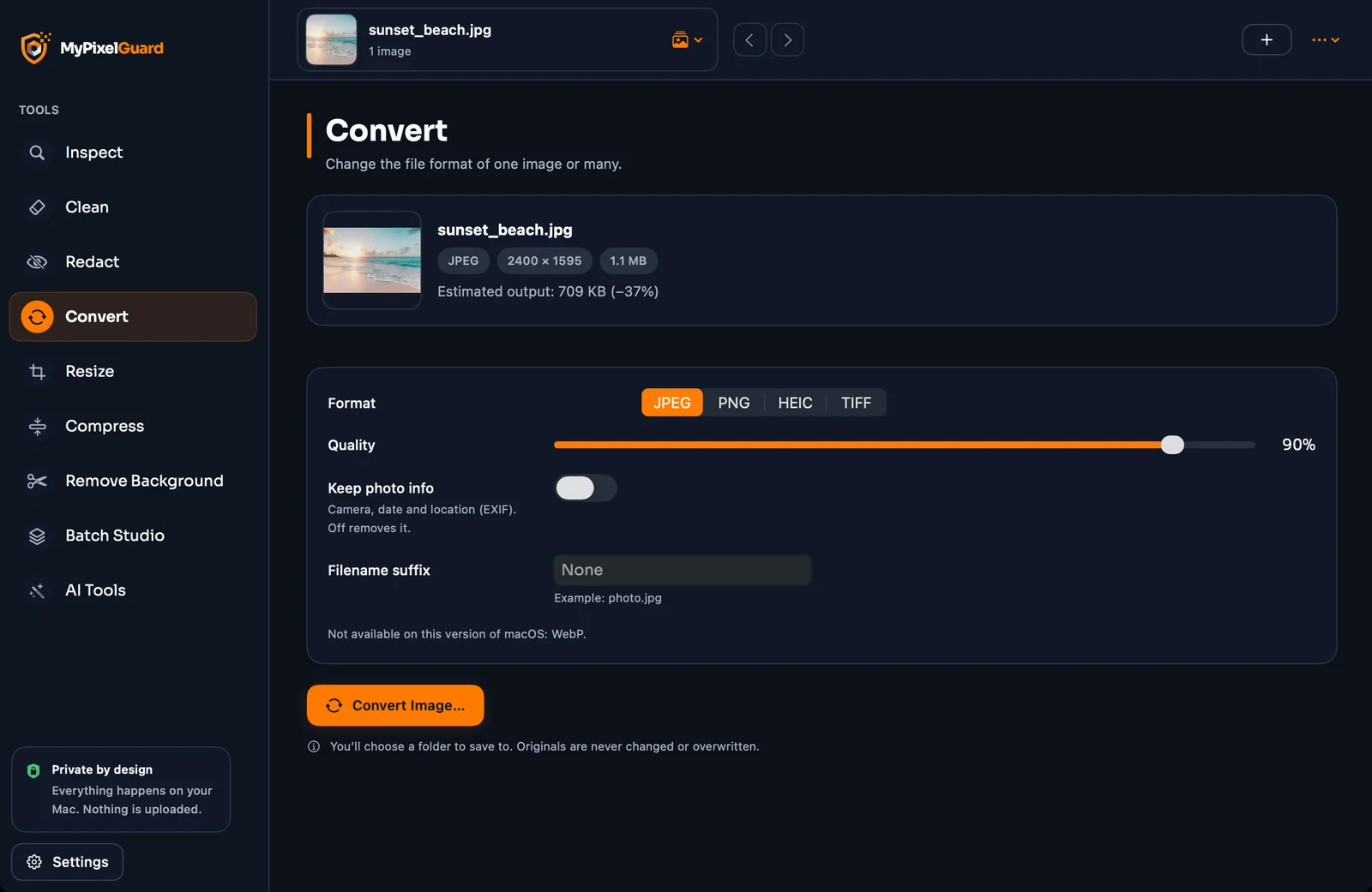 The Convert tool with format, quality and metadata options