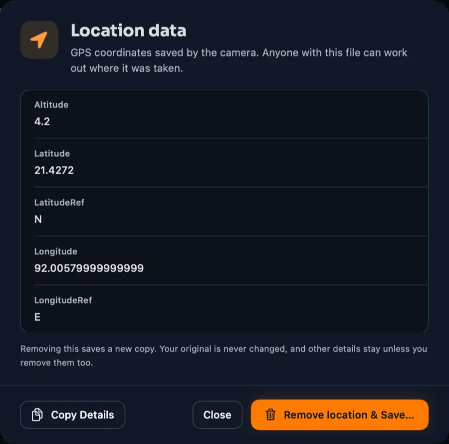 Details panel listing the exact GPS entries with a Remove location button