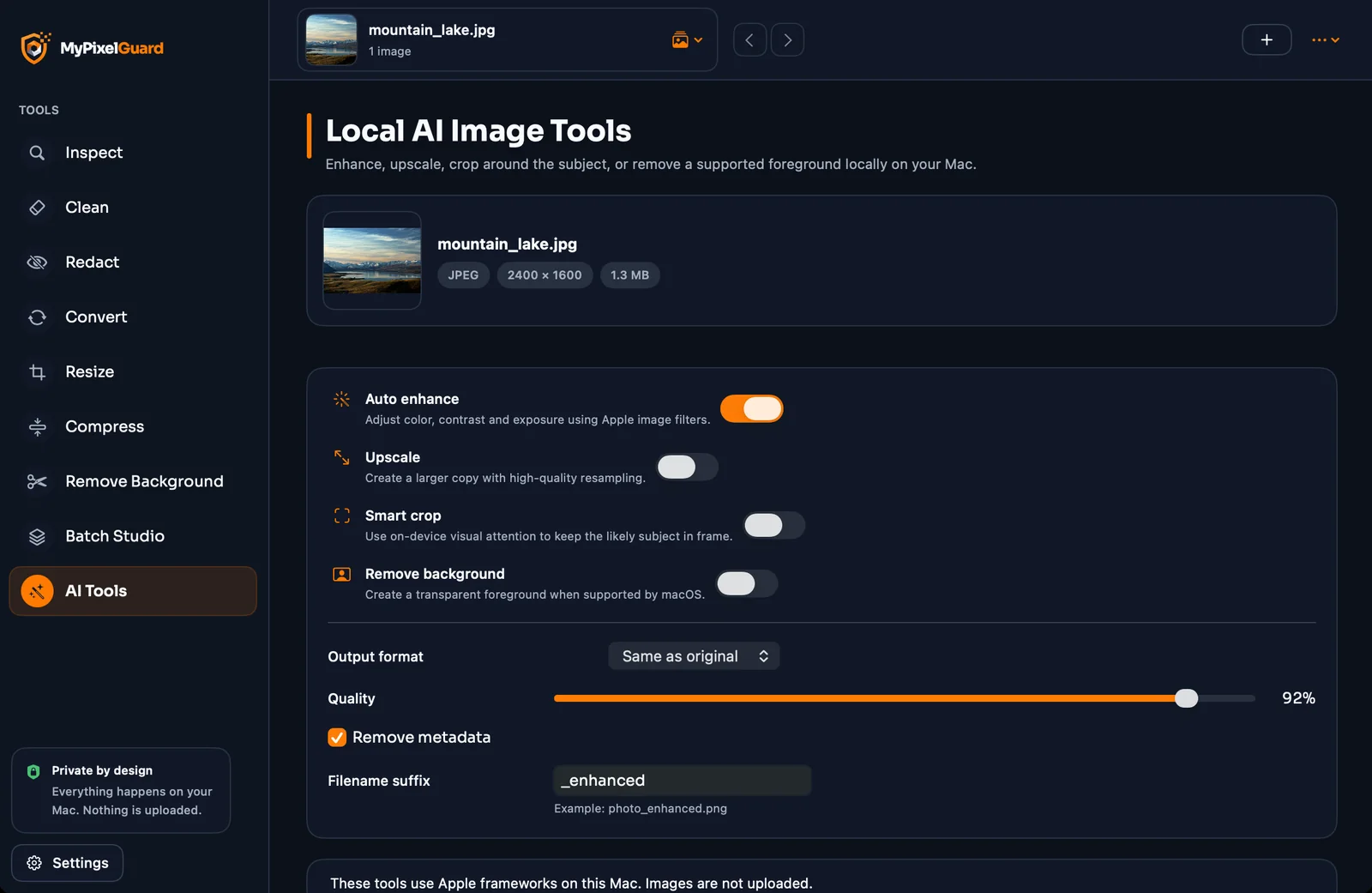 The local AI image tools: enhance, upscale, smart crop and background removal