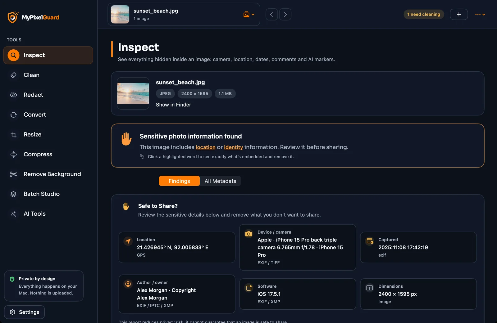 The Inspect tool listing location, device, capture date and author found inside a photo