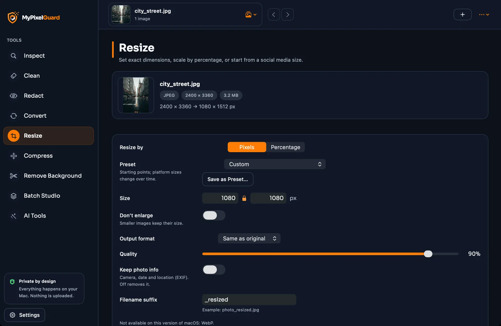 The Resize tool with size presets and fit options