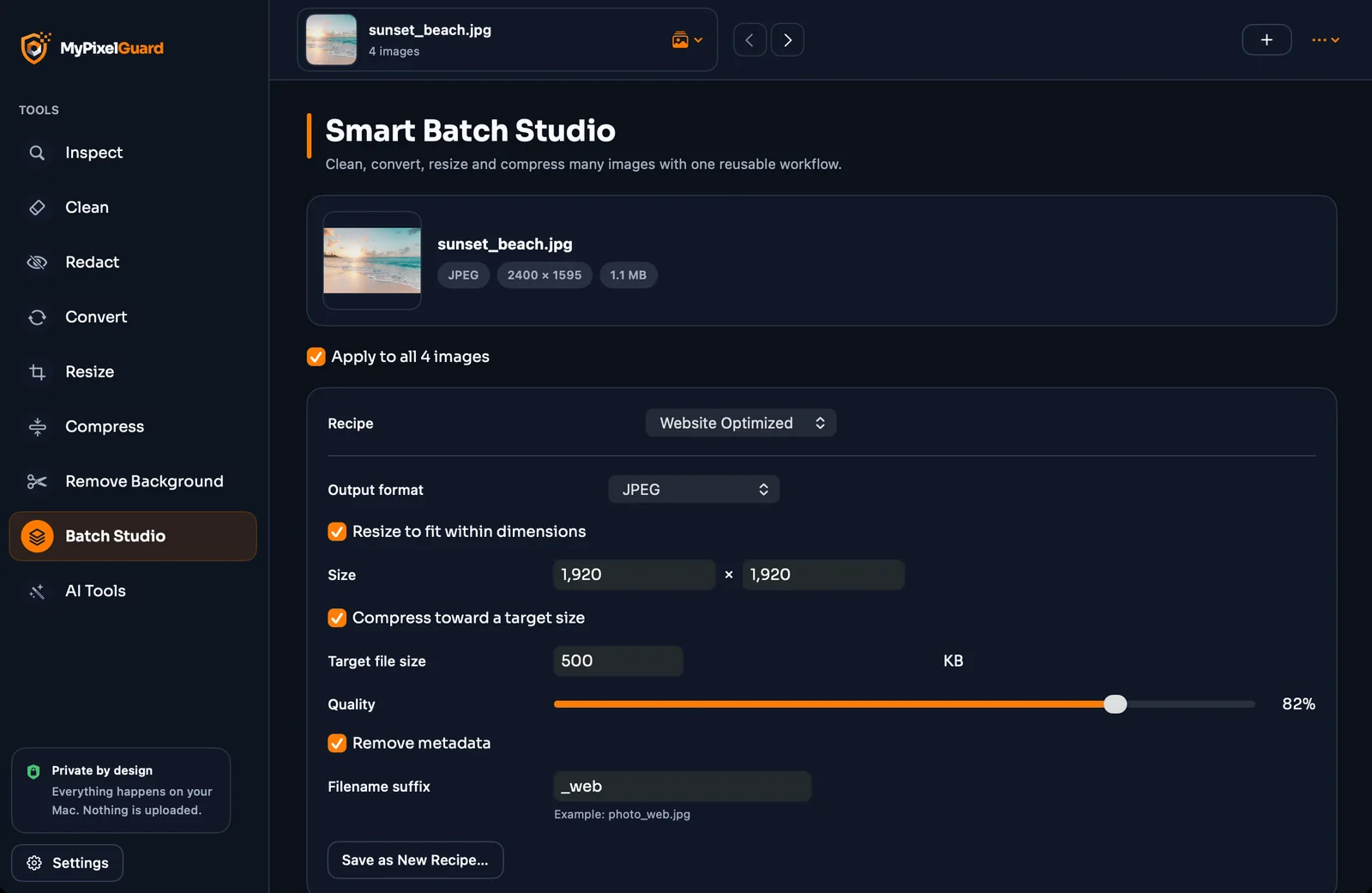 Batch Studio with recipe options for resizing, compressing and cleaning many images