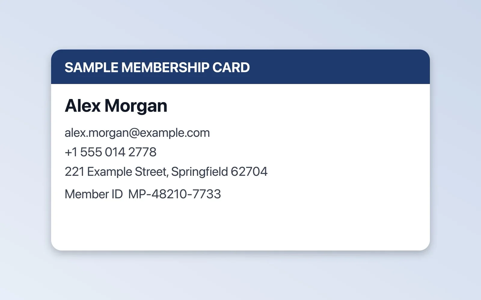 Sample membership card before redaction